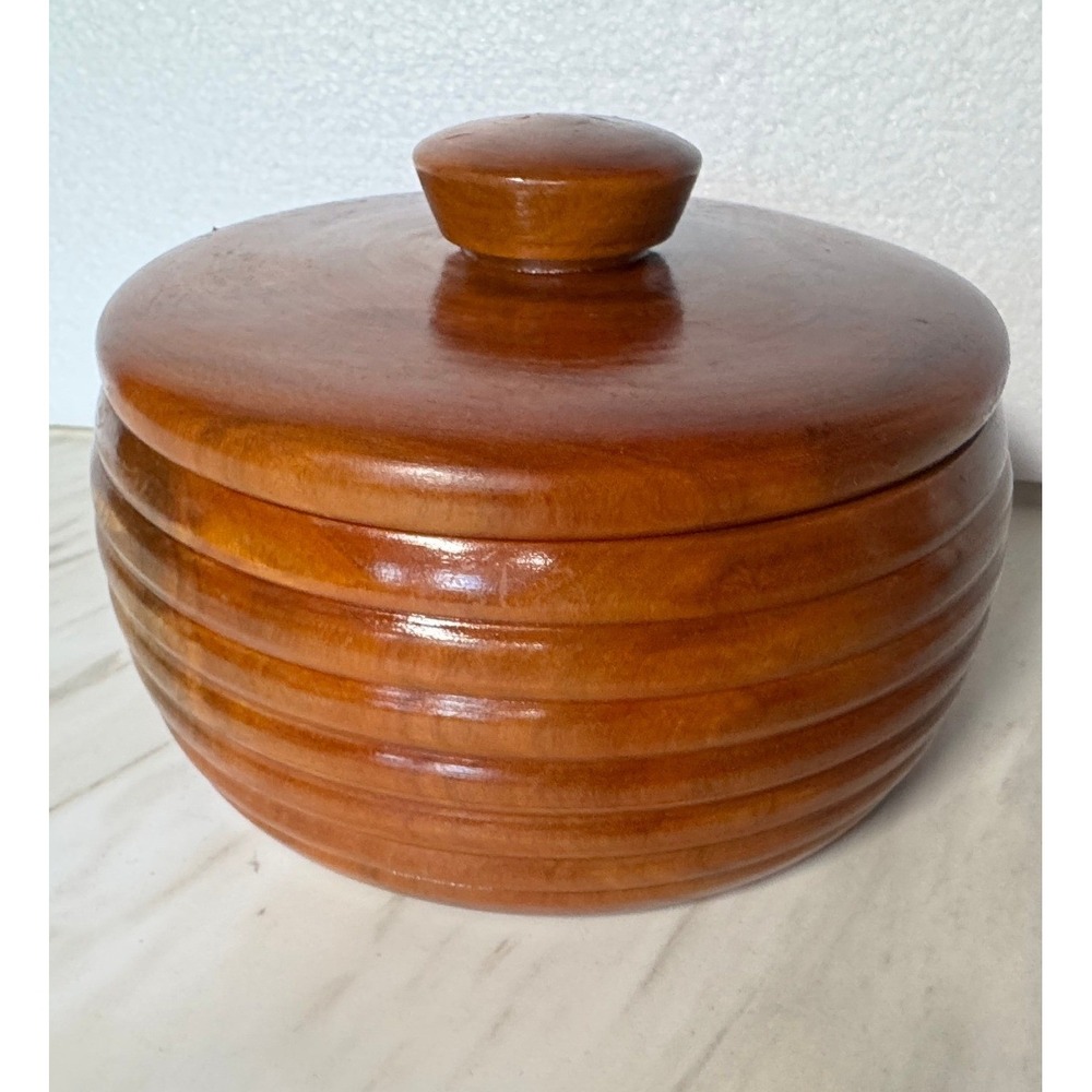 Vintage Hand Turned Beehive Wooden Lidded Bowl Round Ribbed Storage Jar 6 Inch